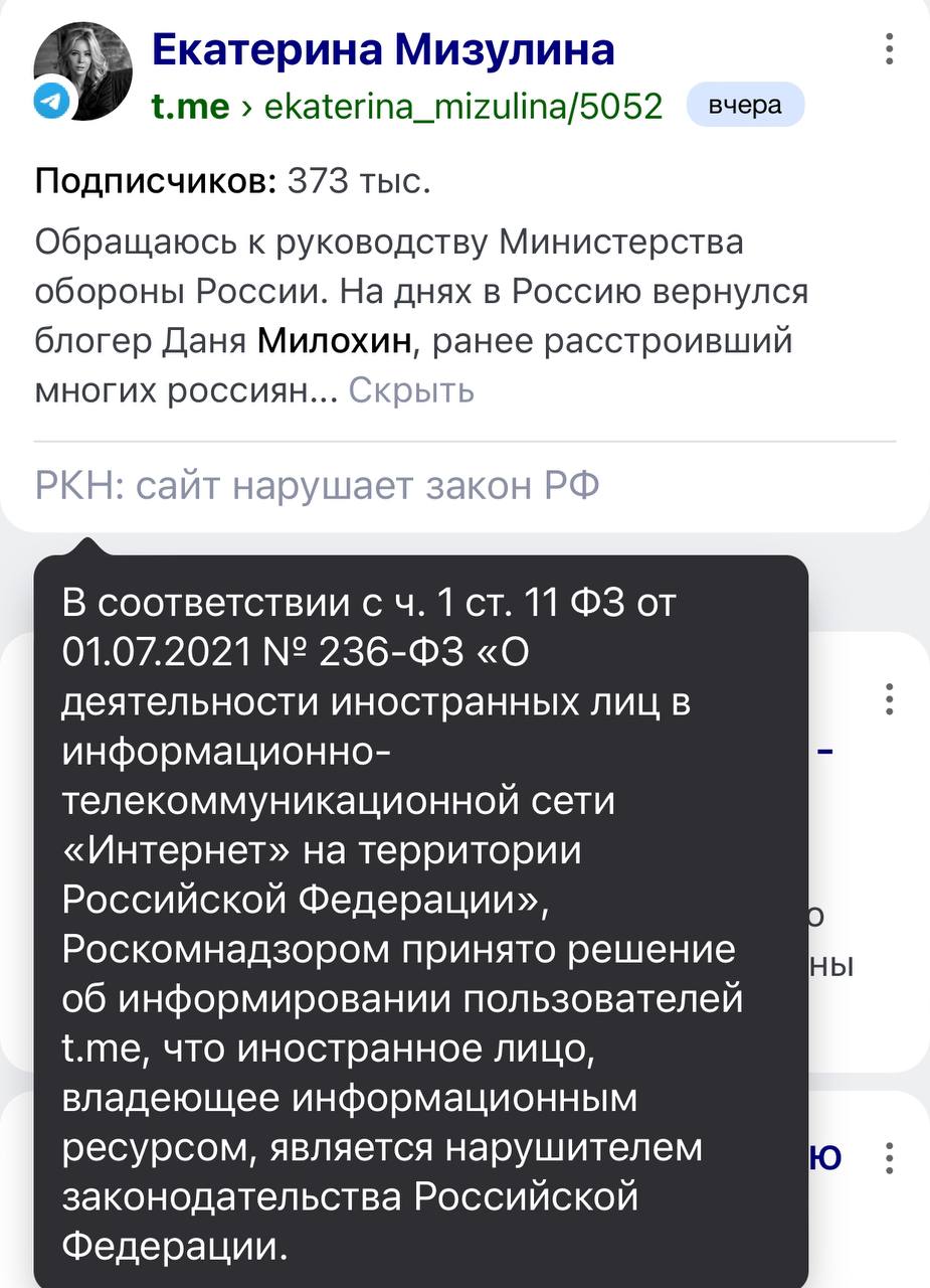 Екатерина Мизулина использует для освещения своей профессиональной деятельности, информационный ресурс, иностранного лица, который нарушает законодательство РФ
